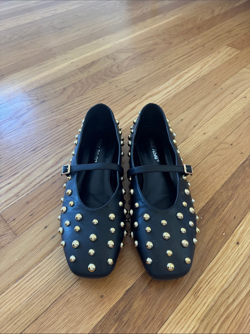 Black Studded Mary Jane Flats with Gold Accents